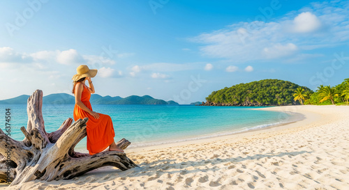 Woman in orange dress sits on driftwood at sandy beach with turquoise water and green island in the distance, representing tropical travel and vacation