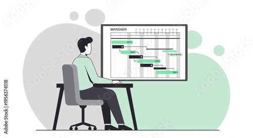 A man is analyzing project timelines at a digital interface in an office environment focused on