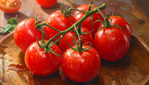Fresh Vine Tomatoes with Water Droplets on Wooden Plate.