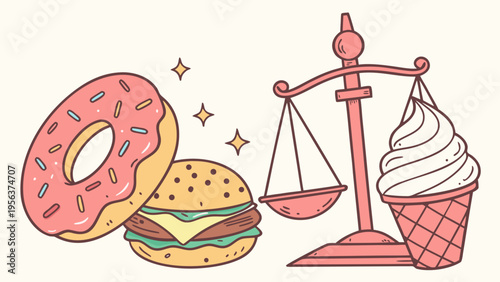 International no diet day illustration with donut burger ice cream and balance scale in flat vector style isolated on white background