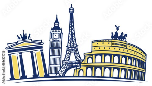 European landmarks set with eiffel tower colosseum big ben and brandenburg gate in flat vector style isolated on white background