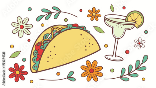 Cinco de mayo festive illustration with taco margarita glass flowers and decorative elements in flat vector style isolated on white background