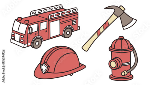 Firefighting equipment set with truck helmet hydrant and axe in flat vector style isolated on white background