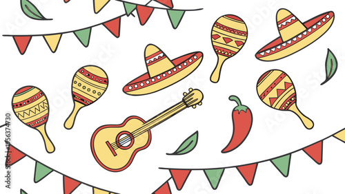 Cinco de mayo festive pattern with sombrero maracas guitar chili pepper and bunting in flat vector style isolated on white background