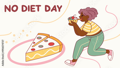 International no diet day illustration with happy woman eating pizza slice in flat vector style isolated on white background
