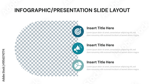 Infographic presentation slide layout with three icons and a rounded image placeholder