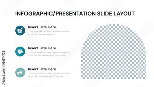 Infographic presentation slide layout with three content points and image area