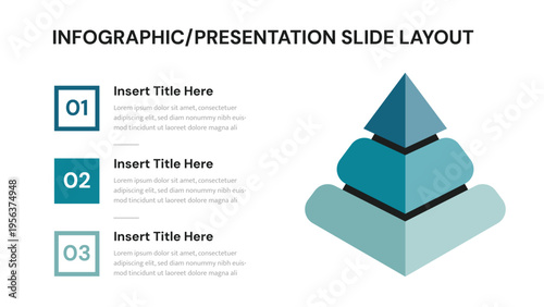 Infographic presentation slide with three numbered steps and pyramid structure