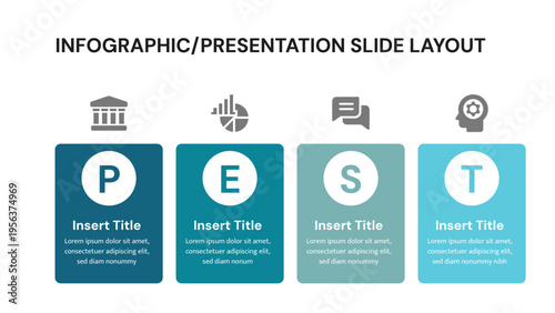 Infographic presentation slide with four vertical sections showing letters and icons