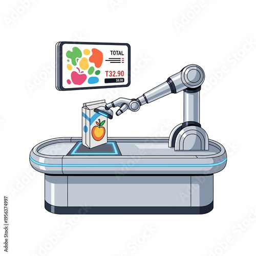 A robotic arm scans a carton of juice on a conveyor belt at a modern grocery store checkout