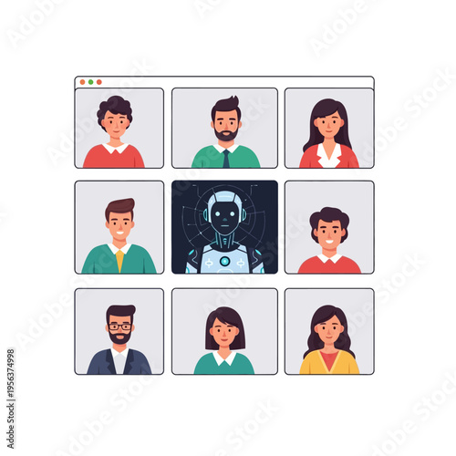 A diverse group of people in a video conference with a robot