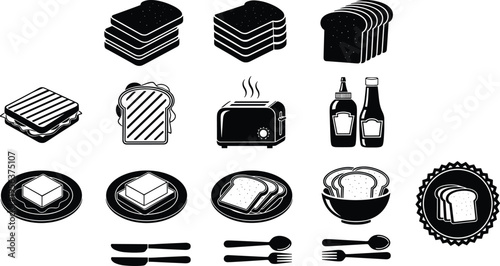 Bread and breakfast icons, sliced bread illustration, sandwich design, toaster sketch, butter plate artwork, condiment bottles, utensils food symbol