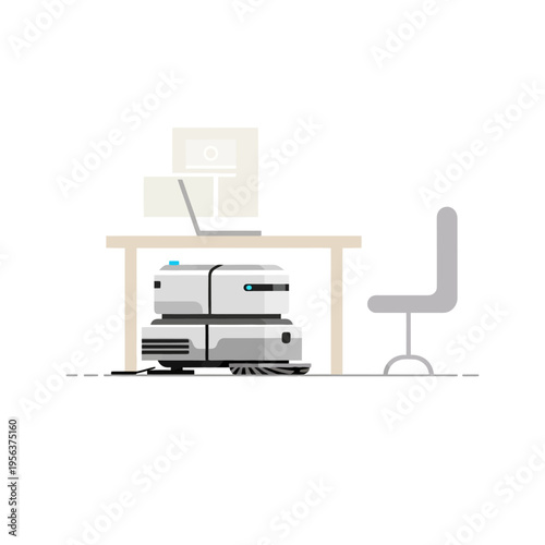 A robotic vacuum cleaner under a desk with a laptop and chair
