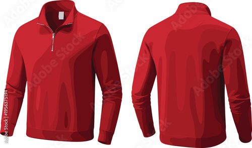 Red half zip pullover sweatshirt vector illustration front and back view modern sporty casual apparel clean minimal outerwear design