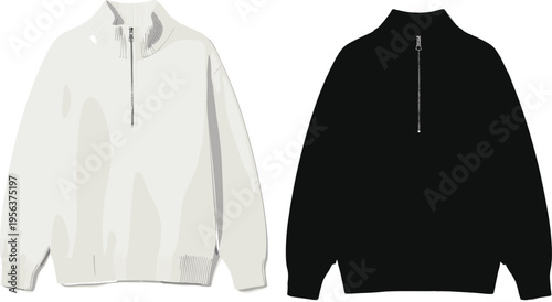 Black and white half zip pullover sweatshirt vector illustration front and back view minimal modern casual apparel outerwear design