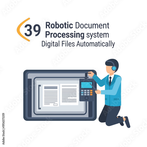 A man in a blue suit interacts with a robotic document processing system