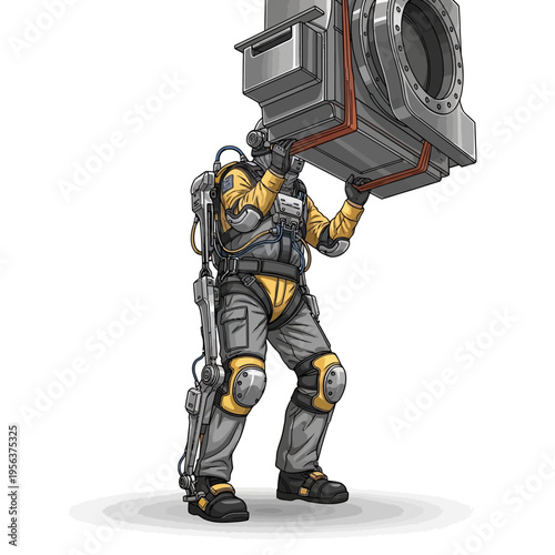 A futuristic astronaut in a spacesuit carrying equipment