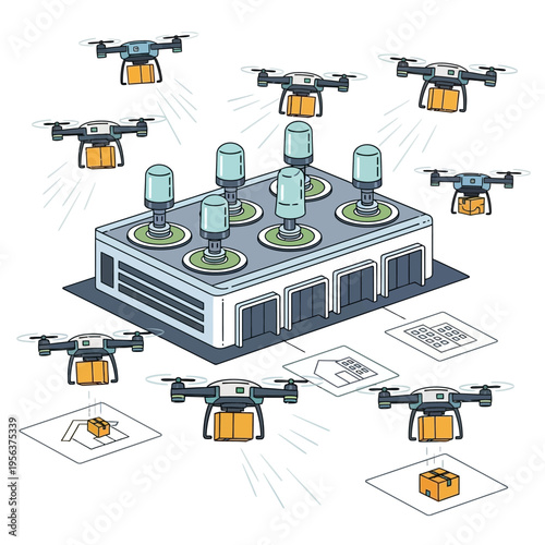 A futuristic warehouse with drones delivering packages efficiently