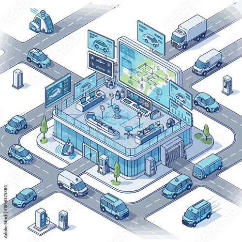 An illustration of a futuristic transportation hub with electric vehicles and advanced technology