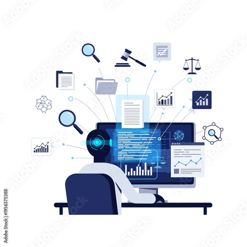 A person working on a computer with legal and business documents and graphs