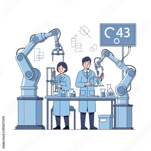 Two scientists working with robotic arms in a laboratory setting