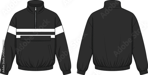 Black half zip pullover jacket vector illustration front and back view modern sporty outerwear with stripe panel and pocket