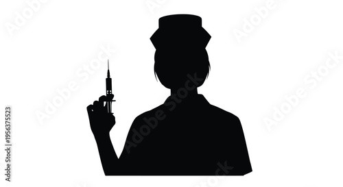 Silhouette of a nurse holding a syringe against a white background
