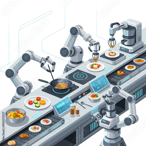 Robotic kitchen arms prepare food on a modern assembly line with various dishes and utensils