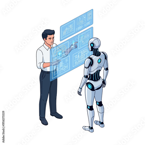 A man and a robot interact with futuristic technology