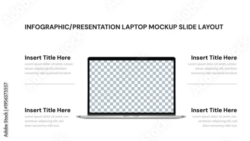 Laptop mockup for presentation slide layout with four information sections