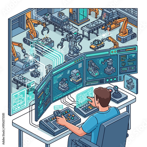 A man operates a control panel in a modern factory with robotic machinery