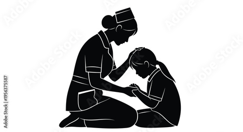 A silhouette of a nurse comforting a young distressed child
