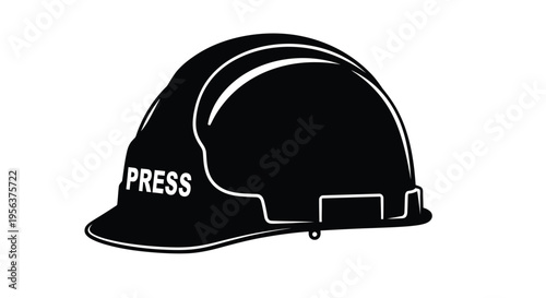 Black construction helmet with the word press displayed on the front