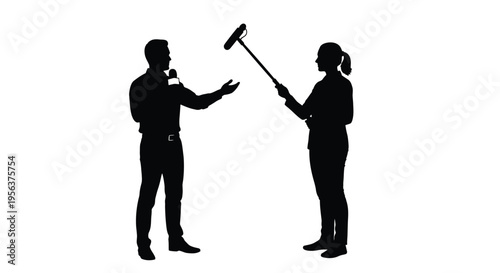 Silhouette of a reporter interviewing a person holding a long pole
