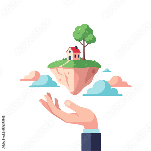 Floating Dreamland With a Charming House Atop a Green Island in the Sky Embracing Whimsy and Imagination in Perfect Harmony With Nature