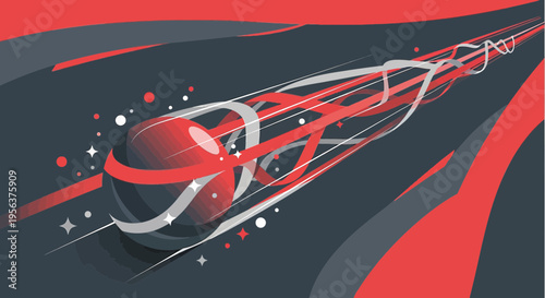 Abstract digital illustration of a dynamic sphere with streaming elements and motion, featuring