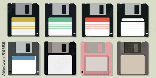 Set of colorful retro floppy disks 3.5 inch illustration. Vector set of floppy disks. Retro diskettes