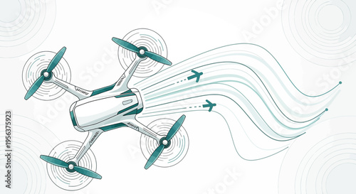 Abstract drone flight with dynamic lines and propeller movement on light background