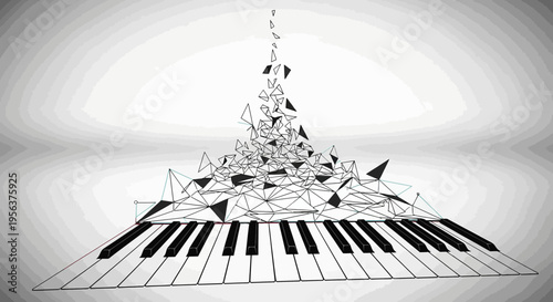 Abstract digital piano design with shattered geometric shapes symbolizing sound waves