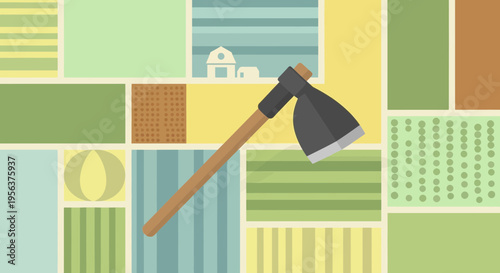 Abstract farm landscape illustration with farming tool and a colorful farm background minimal design