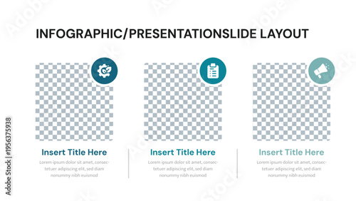 Modular infographic slide layout with three image placeholders and icons