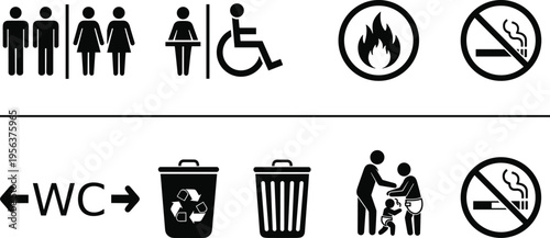 Public signage icons, restroom symbols, accessibility signs, fire hazard warning, no smoking symbol, recycling bin, trash bin, baby changing station