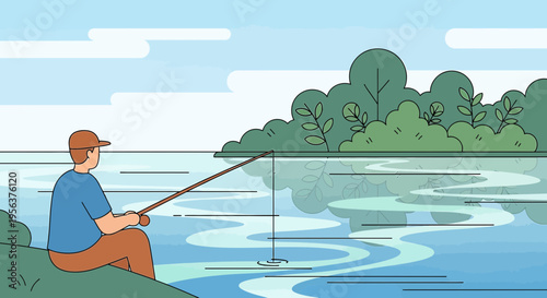 A tranquil scene of solitary fishing by a serene lake, featuring a man enjoying a peaceful outdoor