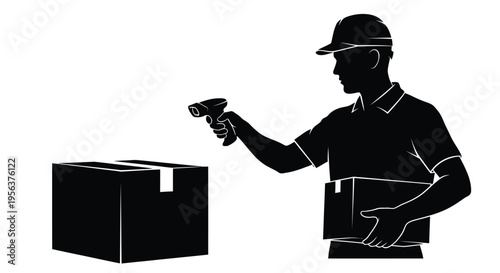 Delivery person scanning packages with a handheld device and cardboard boxes