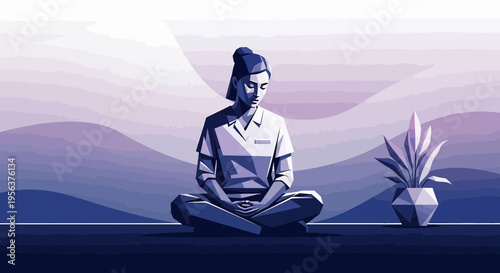 A tranquil scene depicting a meditating figure alongside a geometric houseplant with calmness