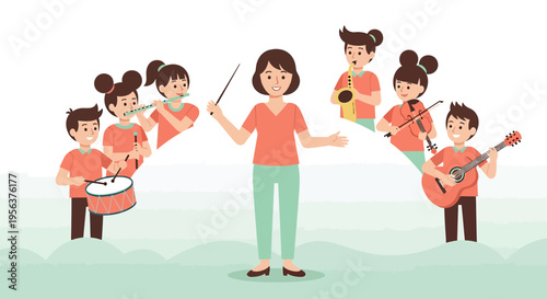 A vibrant musical ensemble led by a conductor surrounded by young musicians with diverse instruments