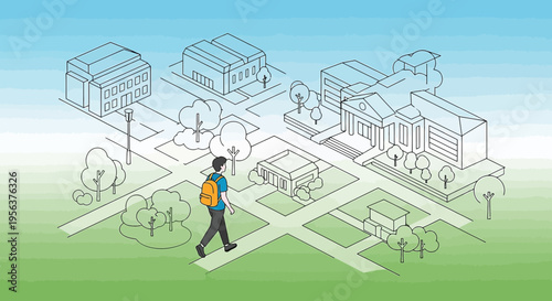 A young student with a backpack strolling through the campus grounds with the university buildings