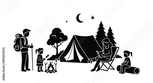Family camping scene with a tent campfire and starry night sky
