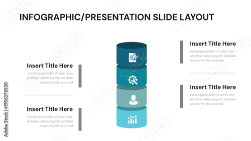Presentation slide layout displaying a four step vertical infographic with icons