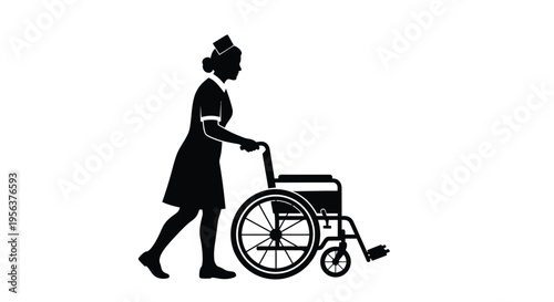 Silhouette of a nurse pushing a patient in a wheelchair